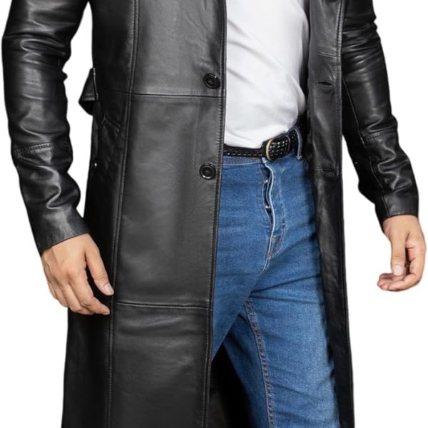 Vintage Classic Leather Trench Coat Men – Full Length Duster Overcoat Lambskin Leather Long Coats for Men