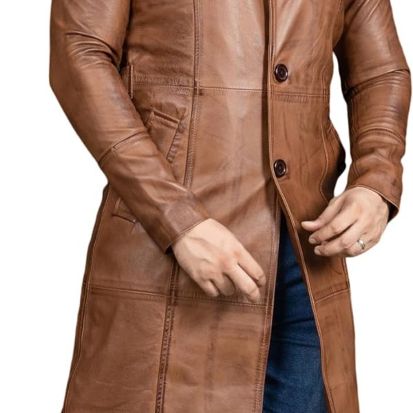 Vintage Classic Leather Trench Coat Men – Full Length Duster Overcoat Lambskin Leather Long Coats for Men