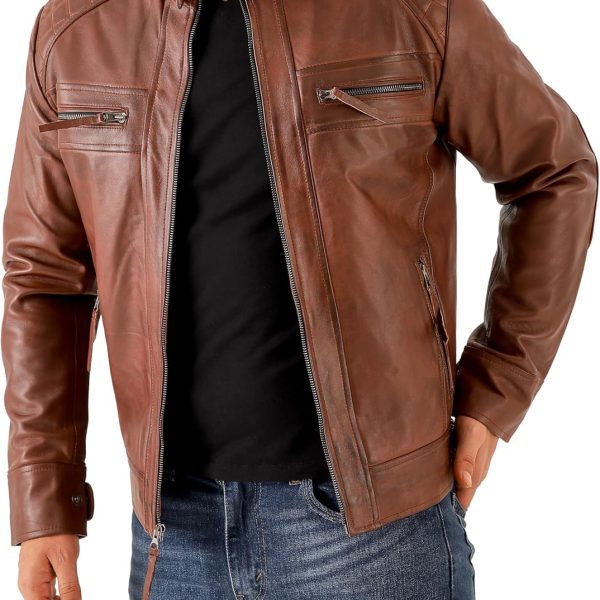 Vintage Brown Mens Leather Jacket – Quilted Motorcycle Style Lambskin Leather Jacket Men